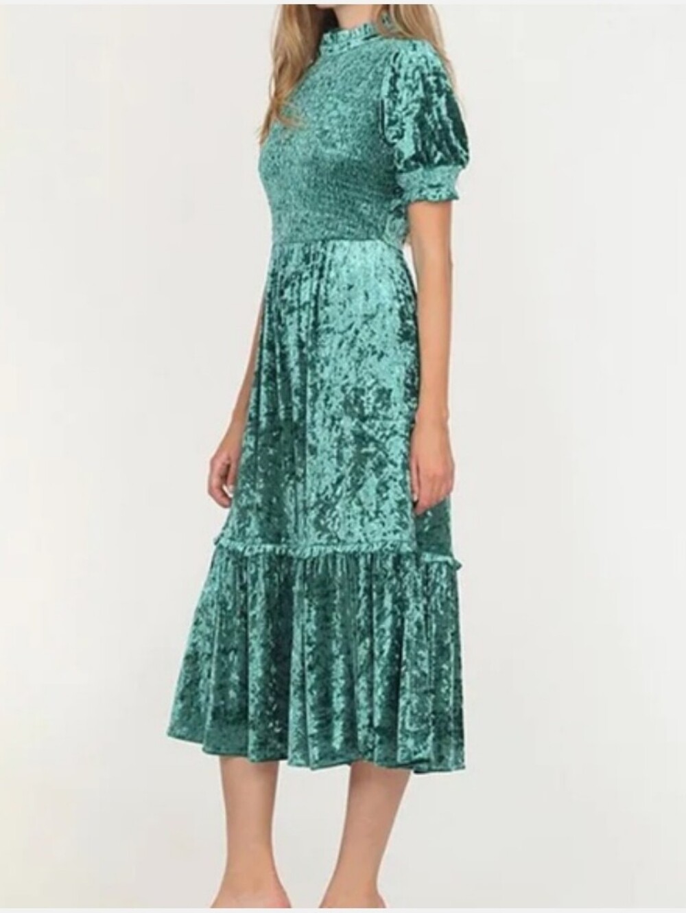 Adelyn Rae Mock Neck Short Puff Smocked Sleeve Velvet Midi Dress Sz XS Green